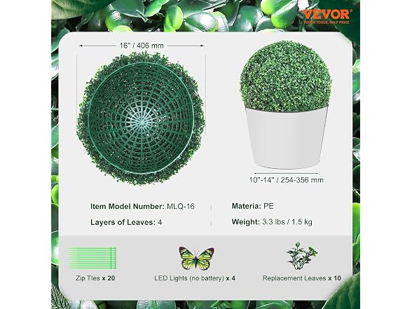 VEVOR 2 Pcs 16” Artificial Plant Topiary Ball