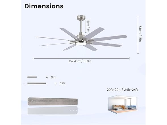 Newday 62 inch Large Ceiling Fan