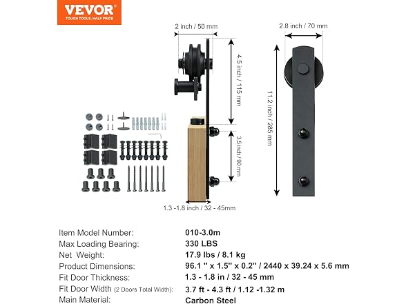 8FT Sliding Barn Door Hardware Kit, 330LBS Heavy