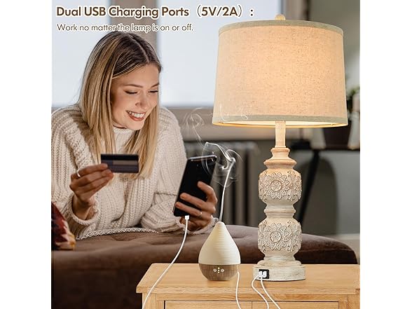VerRon Carved Floral Lamps with USB Ports