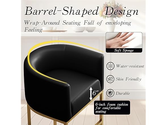 LVHOMLAX Modern Counter Height Bar Stools,Bar Stools Set of 3,PU Leather Upholstered Barrel Barstools with Backs,26'' Kitchen Island Chairs,Metal Gold Frames,Black Leather (Open Box)