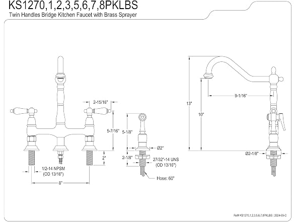 Kingston KS1270PKLBS Bridge Kitchen Faucet w Brass Sprayer