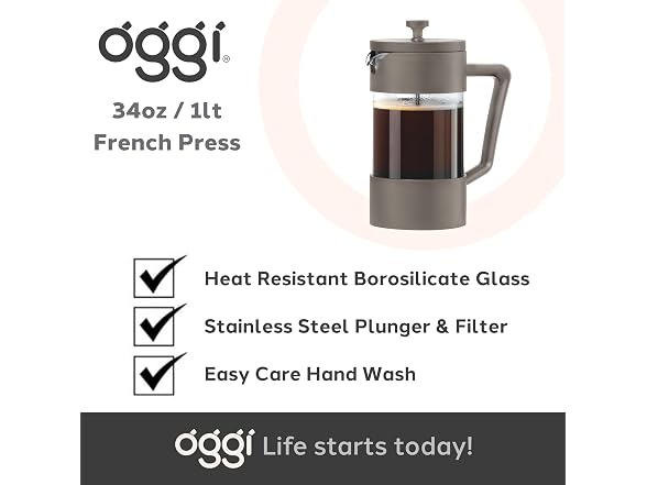 Oggi Borosilicate Glass French Press Coffee Maker - 34oz