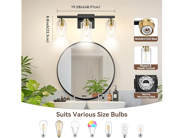 VerRon 3-Light Bathroom Light Fixtures, 19"