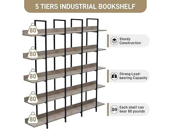 5-Tier Bookcase with Metal Frame Vintage