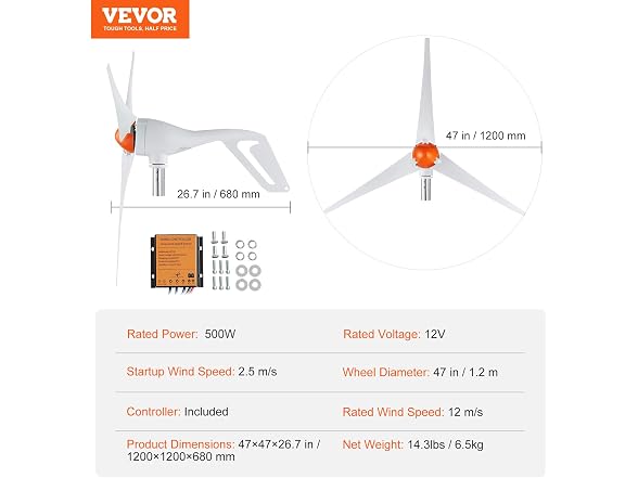 500W Wind Turbine Generator with Anemometer, 12V
