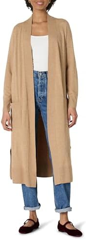 Amazon Essentials Women's Regular Fit Lightweight Duster Length Cardigan Sweater, Camel Heather, Large