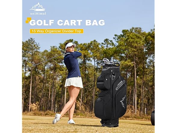 uniHimal Golf Cart Bag, 15 Way Organizer Divider Top with Handles and Rain Cover (Open Box)