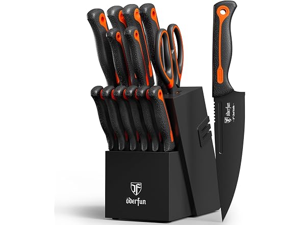ODERFUN 15 PCS Orange Knife Block Set