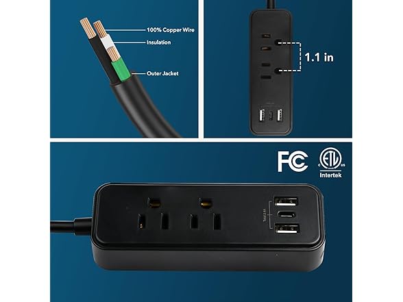 Clear Power 6FT 2-Outlet Power Strip with 3 USB Ports(1 USB-C), Flat Plug