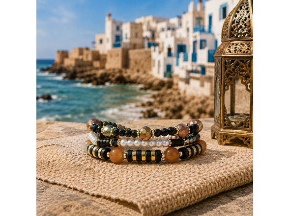 Stretch Beaded Bracelet Stack with Brown & Gold Charm