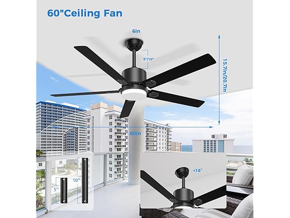 alescu Ceiling Fan with Light, Black, 60 inch