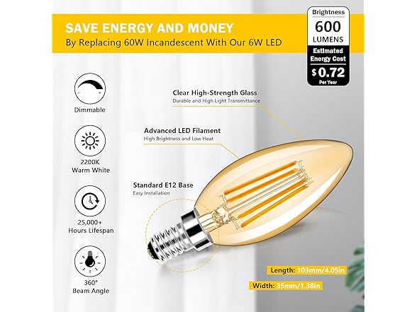 6-Pack Dimmable E12 LED Candelabra Bulbs 60W