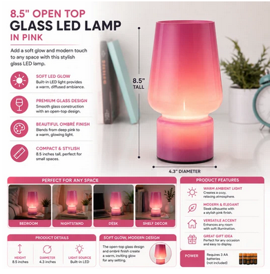 Brightside 8.5" Open Top Glass LED Lamp in Pink - Gallery 4