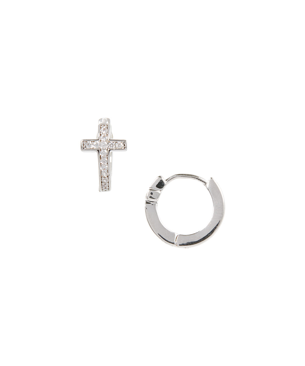 White Gold Plated Cross Huggie Earring - Gallery 7