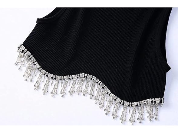 Lauweion Women (L) Rhinestones Tassel Crop Top Top
