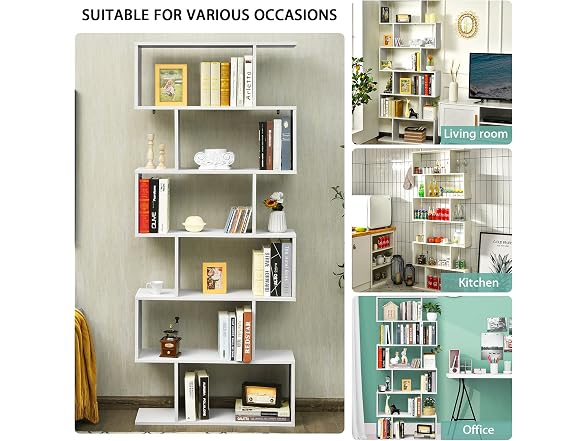 BETTARY 6-Tier S-Shaped Bookshelf White