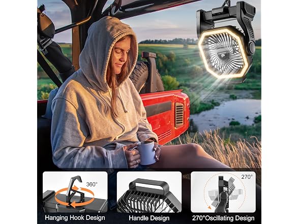 Odoland Black Rechargeable Camping Fan