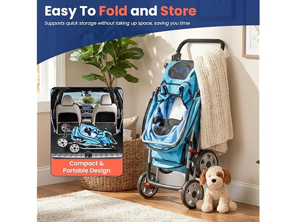 BestPet 4-Wheel Foldable Pet Stroller Blue