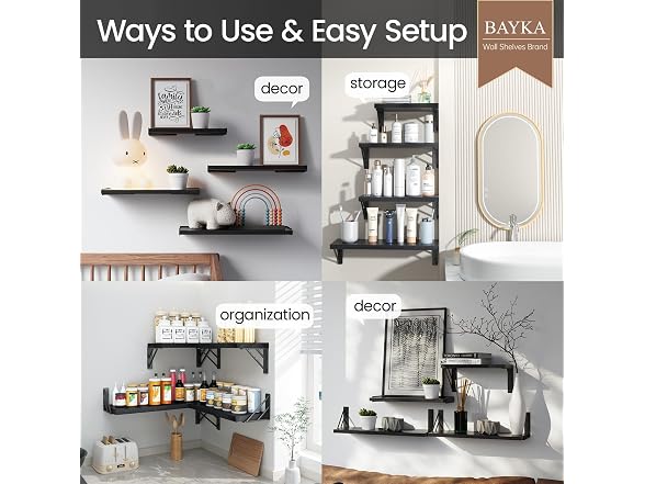 BAYKA 4pc Wood Floating Bathroom Shelves
