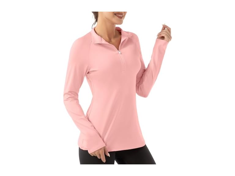 FKEEP Women's Polo Shirts Long Sleeve UPF 50+ Sun Protection Tennis Golf Workout Tops Sport Zipper V Neck (Pink, XS)