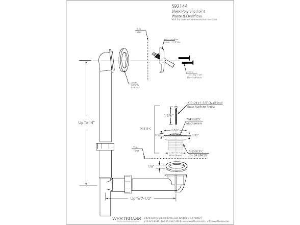 Westbrass 14in Tub Waste Overflow White