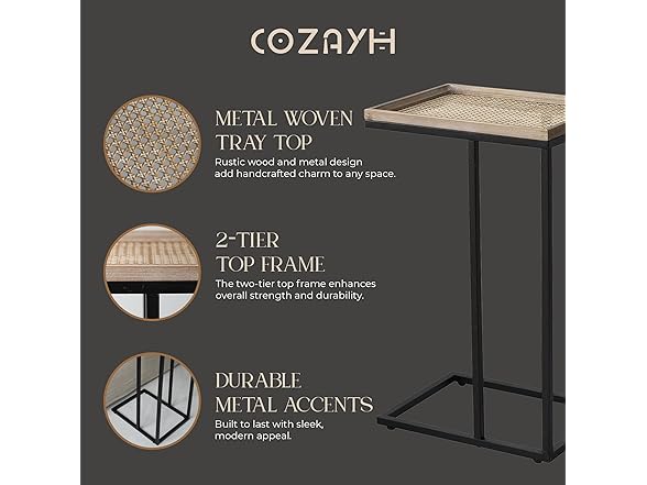 COZAYH Farmhouse End Table with Rustic Wood & Metal Woven