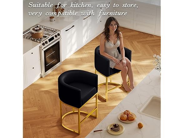LVHOMLAX Modern Counter Height Bar Stools,Bar Stools Set of 3,PU Leather Upholstered Barrel Barstools with Backs,26'' Kitchen Island Chairs,Metal Gold Frames,Black Leather (Open Box)