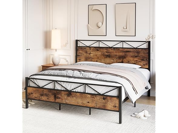 GAOMON Queen Metal Bed, Rustic Wood