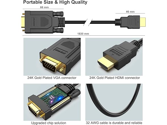 (5 PACK) HDMI to VGA 6FT Uni-Directional HDMI (Source) to VGA (Display) Cable (Male to Male)