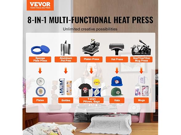 VEVOR Heat Press Machine 8 in 1 Combo 15x15