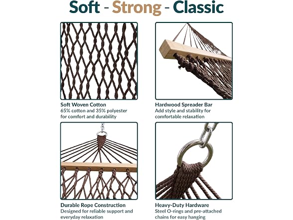 Sunnydaze Double Cotton Rope Hammock for Outside with Spreader Bar, Brown