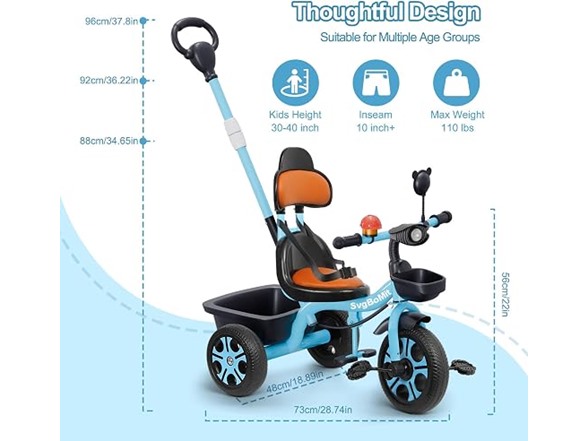 Kids Tricycle w/ Push Bar Storage Basket- Choose Color