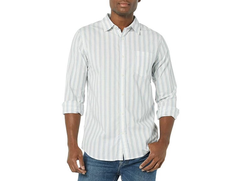 Amazon Essentials Men's Long-Sleeve Slim-Fit Stretch Poplin Shirt, Blue White Stripe, Small
