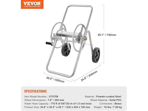 Hose Reel Cart, Hold Up to 175 ft of 5/8’’ Hose