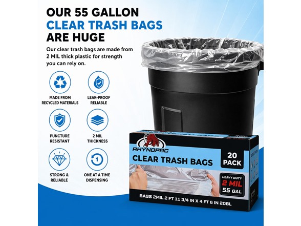 55 Gallon 2 Mil Clear Trash Bags
