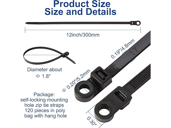 120Pcs 12" Zip Ties w/Screw Holes Blk