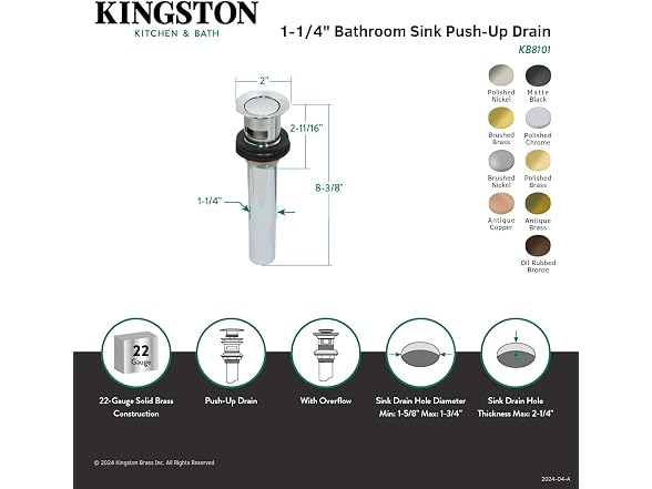Kingston Brass Push Pop-Up Drain with Overflow, Brushed Nickel