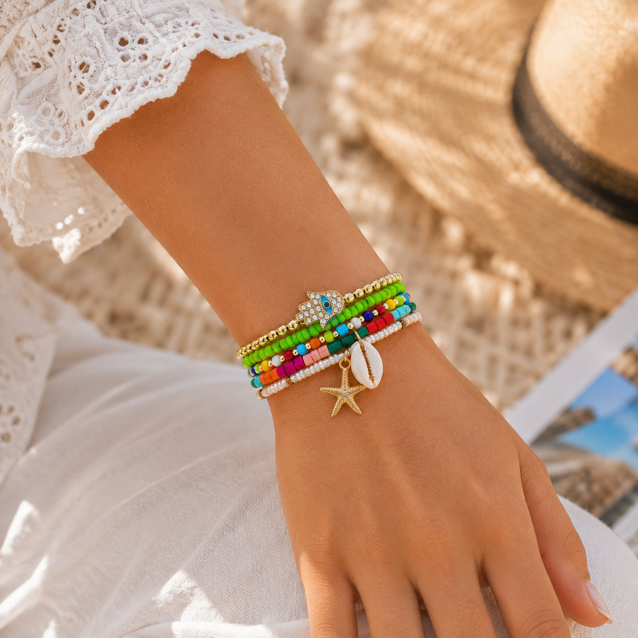 Stretch Beaded Bracelet Stack with Starfish & Shell Charm - Gallery 5