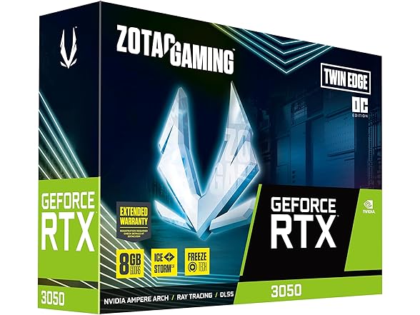 ZOTAC Gaming GeForce RTX 3050 Twin Edge OC 8GB GDDR6 128-bit 14 Gbps PCIE 4.0 Gaming Graphics Card, IceStorm 2.0 Advanced Cooling, Freeze Fan Stop, Active Fan Control, ZT-A30500H-10M (Open Box)