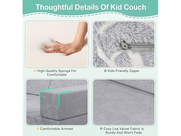 12PCS Modular Kids Play Couch, Gray
