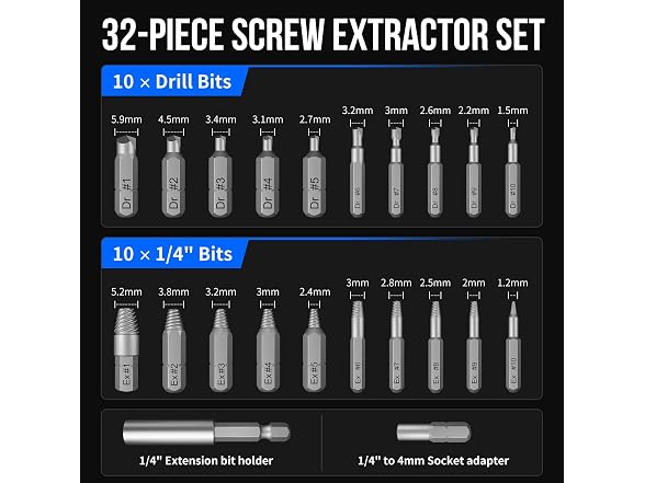 32 Pc Damaged Screw Extractor Set