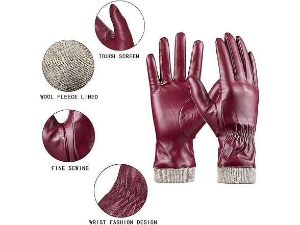 REDESS Women's Wine Red Leather Gloves