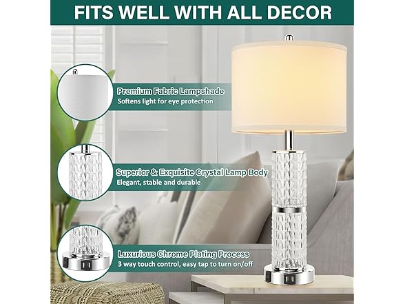 GoBright 3-Way Touch Control Crystal Table Lamps Set of 2