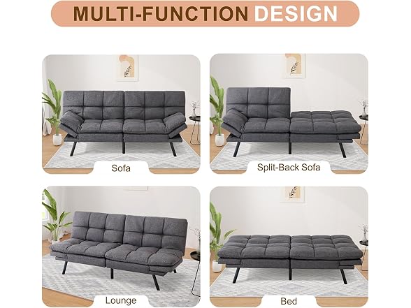 Opoiar Futon Sofa Bed, Memory Foam, Grey