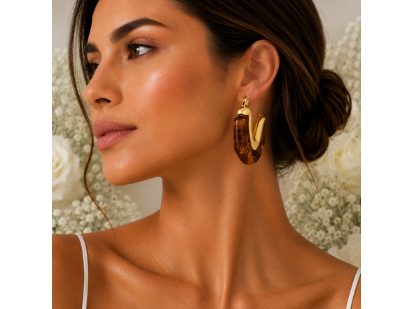 18K Gold Brown Resin Hoop Earrings