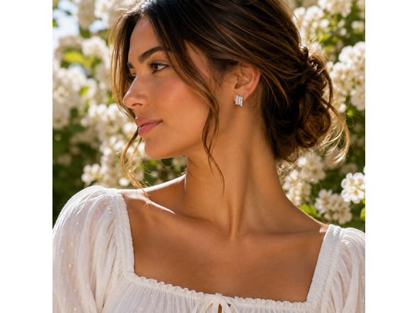 Silver Geometric CZ Stud Earrings