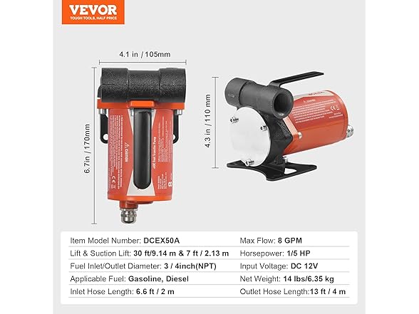 VEVOR Fuel Transfer Pump, 12V DC 8 GPM