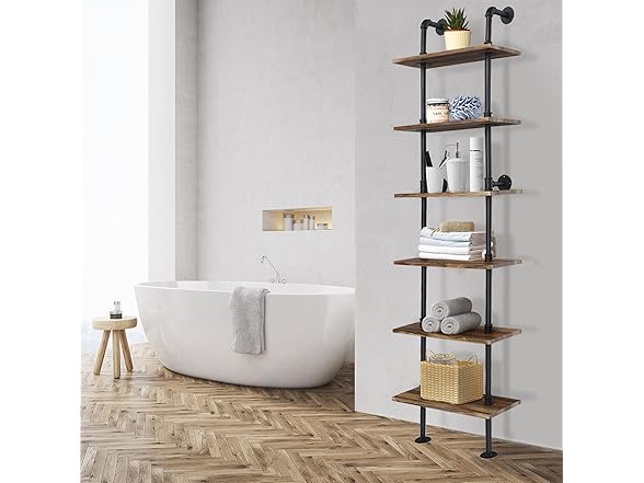 Hysache 6-Tier Pipe Shelves, 82 inch Wall-Mounted Bookshelf 