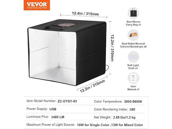 Photo Studio Light Box, 12" x 12", 3000-5600K